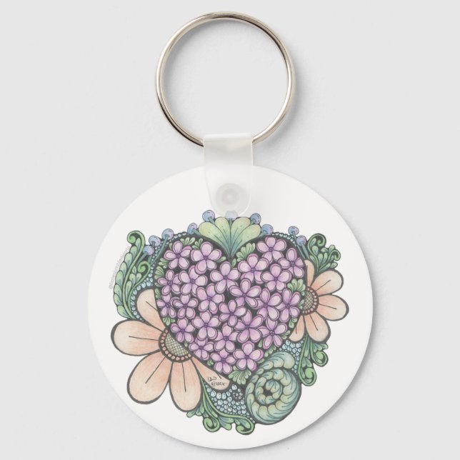 Heart and flowers doodle art keyring. key ring (Front)