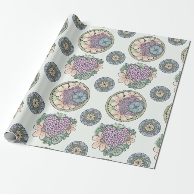 Heart and flowers doodle art wrapping paper. wrapping paper (Unrolled)