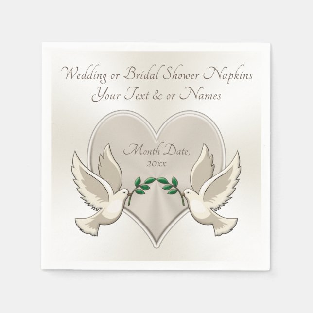 Heart and Love Birds Wedding Cocktail Napkins (Front)