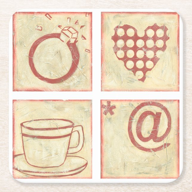 Heart and Ring Woodblock Drawings Square Paper Coaster (Front)