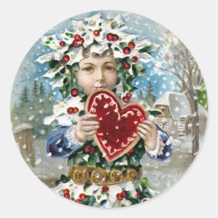 "Heart and Snow" Vintage Christmas Classic Round Sticker