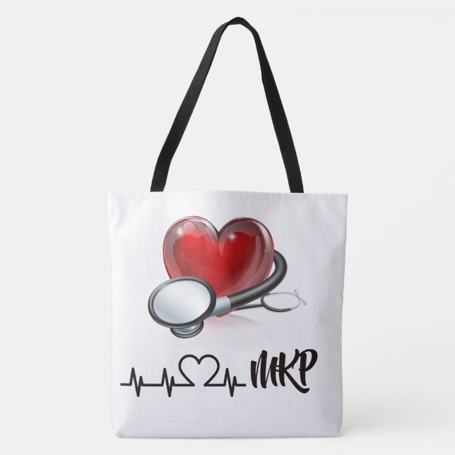 Heart and Stethoscope Large Monogram Tote (Front)