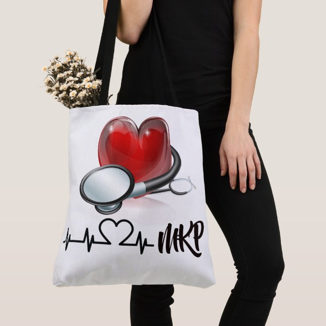 Heart and Stethoscope Large Monogram Tote Bag (Close Up)