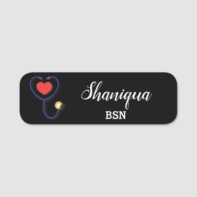 Heart and Stethoscope Medical Black Name Tag (Front)