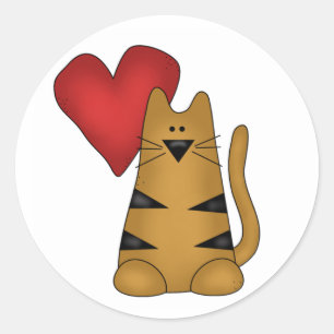 Heart and Striped Cat Classic Round Sticker
