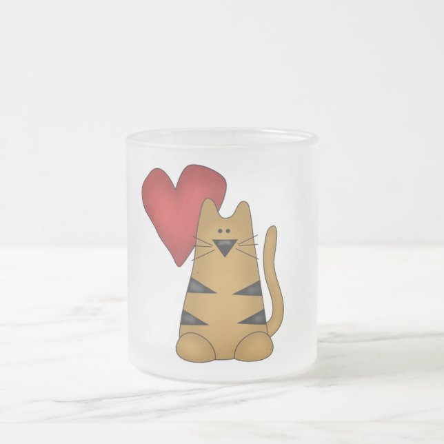 Heart and Striped Cat Tshirts and Gifts Frosted Glass Coffee Mug (Center)
