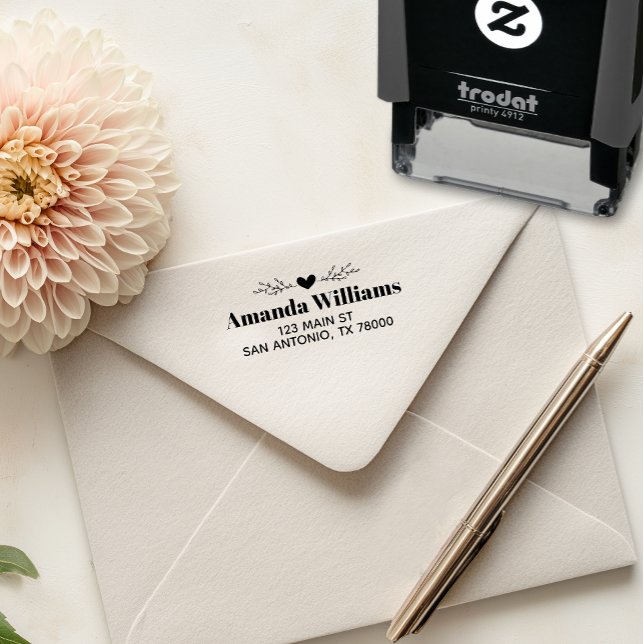 Heart and Vines Personalised Name Address Self-inking Stamp (Heart and Vines Return Address Stamp)