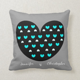 Heart Anniversary Pillow, w Names/Date; Grey/Aqua Cushion