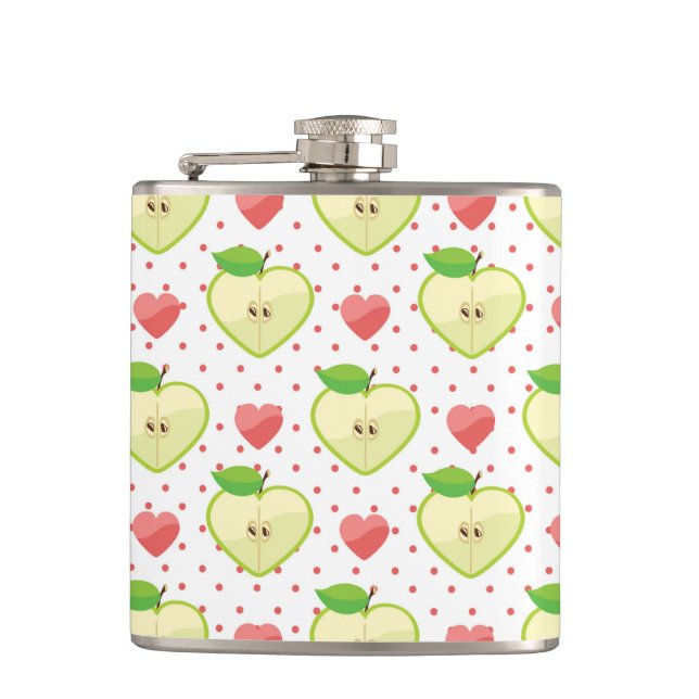 Heart Apples with Pink Polka Dots And Hearts Hip Flask (Front)
