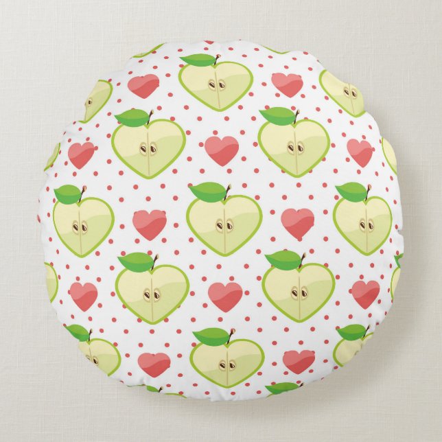 Heart Apples with Pink Polka Dots And Hearts Round Cushion (Front)