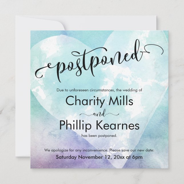 Heart Aqua Purple Postponed Wedding Announcement (Front)