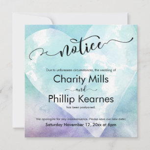 Heart Aqua Purple Postponed Wedding Notice Card