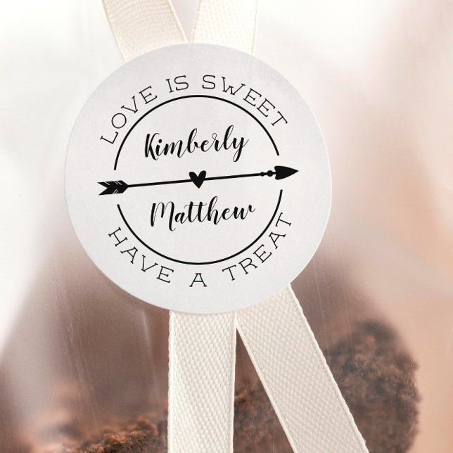 Heart & Arrow Love Is Sweet Wedding Favour Classic Round Sticker (Creator Uploaded)