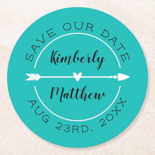 Heart & Arrow Turquoise Save the Date Round Paper Coaster (Front)
