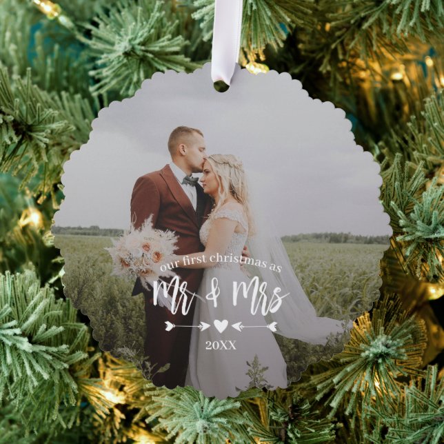 Heart Arrows First Christmas Mr Mrs Photo Tree Decoration Card (Insitu (Tree))