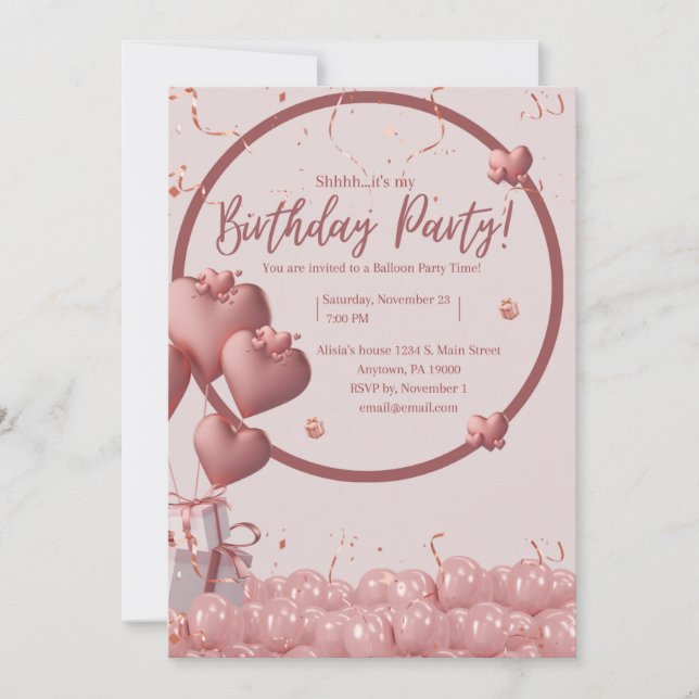 Heart Balloon Confetti Girl Birthday Invitation (Front)
