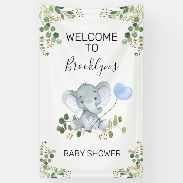 Heart Balloon Elephant Foliage Baby Shower Welcome Banner (Vertical)