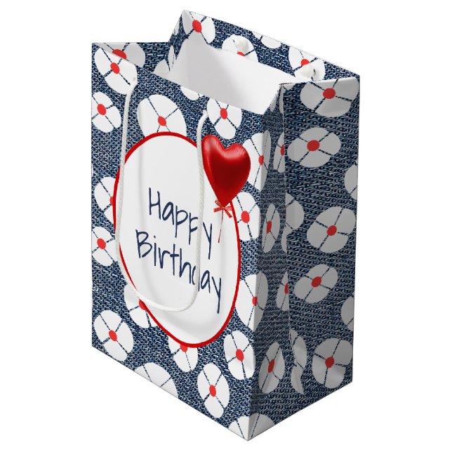 Heart Balloon on Floral Denim Medium Gift Bag (Front Angled)