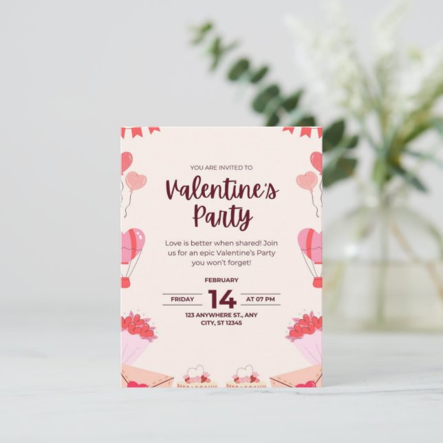 Heart-balloon Romantic Valentine's Day Invitation (Standing Front)