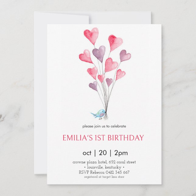 Heart balloons & bird girl birthday Invitation (Front)