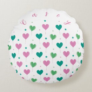 Heart Balloons Green Pink Star Pattern Cute Round Cushion