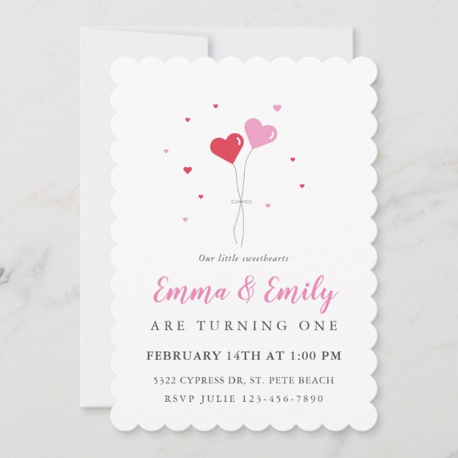 Heart Balloons Valentine Twin Birthday Invitation (Front)