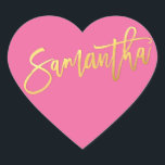 HEART BAT MITZVAH modern pink gold script SAMANTHA Heart Sticker<br><div class="desc">by kat massard >>> WWW.SIMPLYSWEETPAPERIE.COM <<< *** NOTE - THE SHINY GOLD FOIL EFFECT IS A PRINTED PICTURE *** - - - - - - - - - - - CONTACT ME for custom "faux gold foil effect type" Love the design, but would like to see some changes - another...</div>