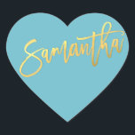 HEART BAT MITZVAH turquoise gold script SAMANTHA Heart Sticker<br><div class="desc">by kat massard >>> WWW.SIMPLYSWEETPAPERIE.COM <<< *** NOTE - THE SHINY GOLD FOIL EFFECT IS A PRINTED PICTURE *** - - - - - - - - - - - CONTACT ME for custom "faux gold foil effect type" Love the design, but would like to see some changes - another...</div>