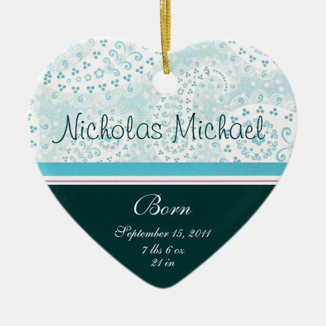 Heart Birth Announcement Keepsake Ceramic Tree Decoration (Front)