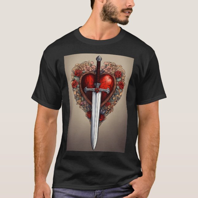 "Heart & Blade Harmony: Black T-shirt Edition" (Front)