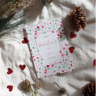 Heart Bloom Meadow on White – Pink & Red Valentine Holiday Card