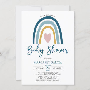 Heart Blue Muted Tones Boho Rainbow Baby Shower Invitation