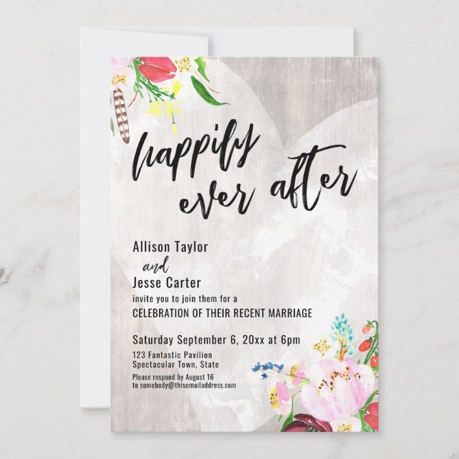 Heart Boho Floral Rustic Wood Happily Ever After Invitation (Front)