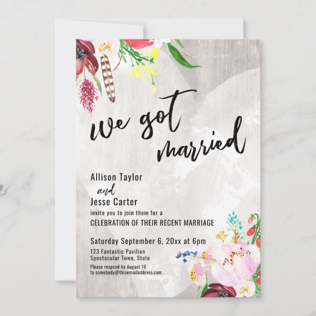 Heart Boho Floral Rustic Wood We Got Married Party Invitation (Front)