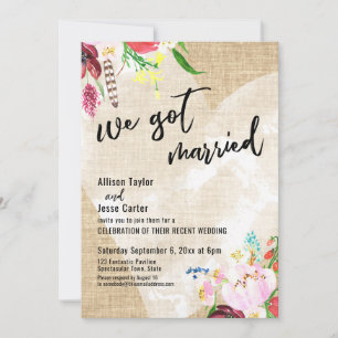 Heart Boho Flowers Burlap We Got Married Reception Invitation
