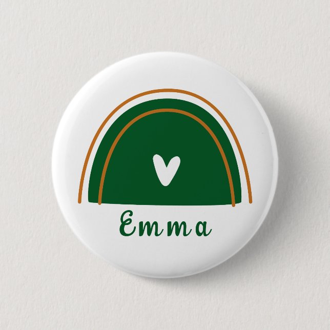 Heart Boho Green Rainbow with Personalised Name  6 Cm Round Badge (Front)