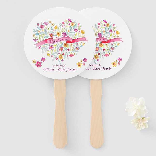Heart bouquet flowers bridal shower fans (Front and Back)