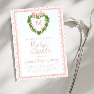 Heart Bow Coquette Wreath Monogram Baby Shower Invitation