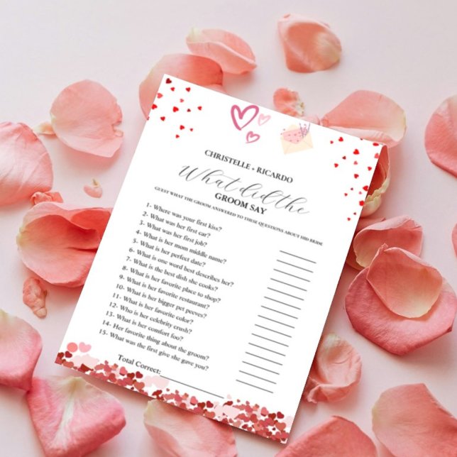 Heart Bride & groom trivia bridal shower game Card (Creator Uploaded)