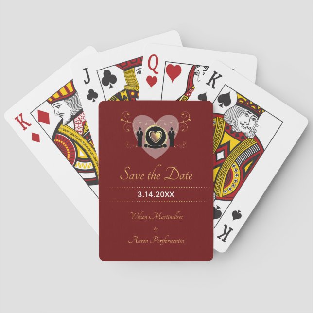 Heart Burgundy Male Wedding LGBTQ Save the Date Playing Cards (Back)