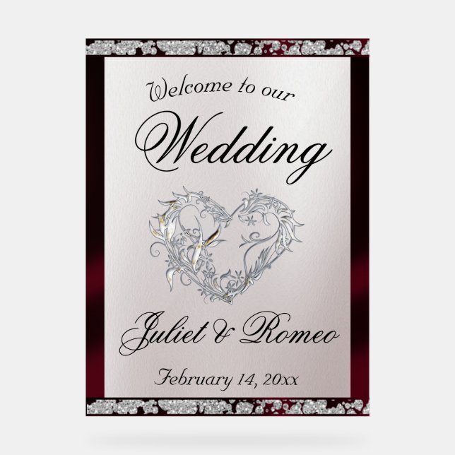 Heart, Burgundy Ribbon & Sparkle Welcome Acrylic Sign (Front)