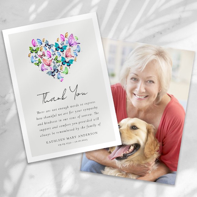 Heart Butterfly Photo Sympathy Funeral Thank You Card (Creator Uploaded)
