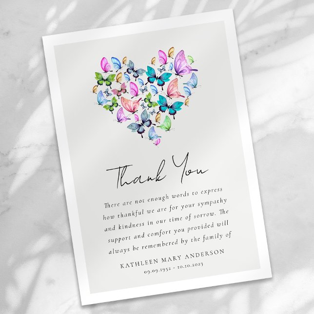 Heart Butterfly Sympathy Funeral Thank You Card (Creator Uploaded)