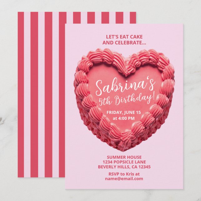 Heart Cake Birthday Invitation (pink/red) (Front/Back)