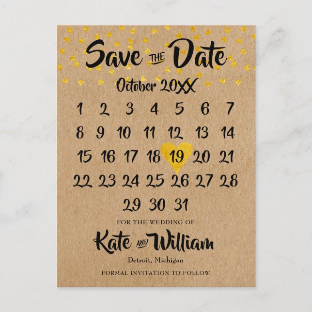 Heart Calendar Rustic Boho Photo Save the Date Announcement Postcard (Front)