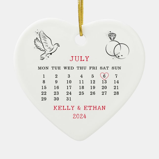 Heart Calendar Summer Wedding 2024 Ceramic Tree Decoration (Front)
