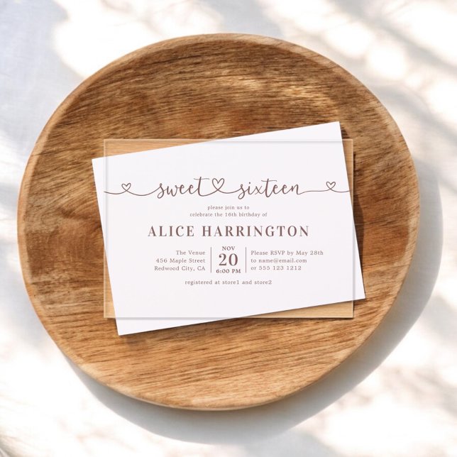 Heart Calligraphy Minimalist Brown Sweet 16 Acrylic Invitations (Creator Uploaded)