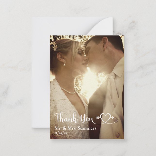 Heart Calligraphy Photo Wedding Thank You Budget  Card (Front)