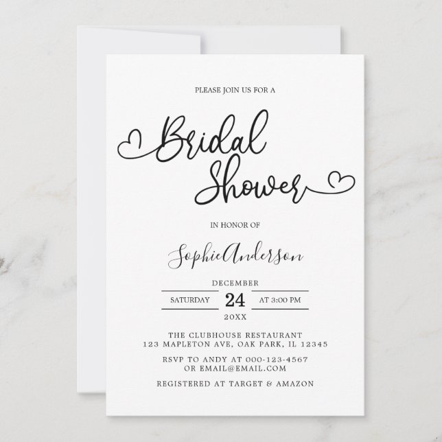 Heart Calligraphy Script Minimalist Bridal Shower Invitation (Front)