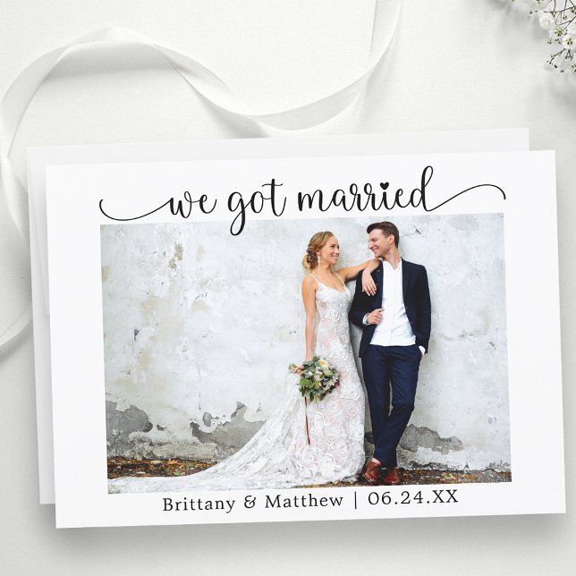 Heart Calligraphy We Got Married Photo Wedding Announcement (Customize to change your personalized text size, text style or to add text to back of card.)
